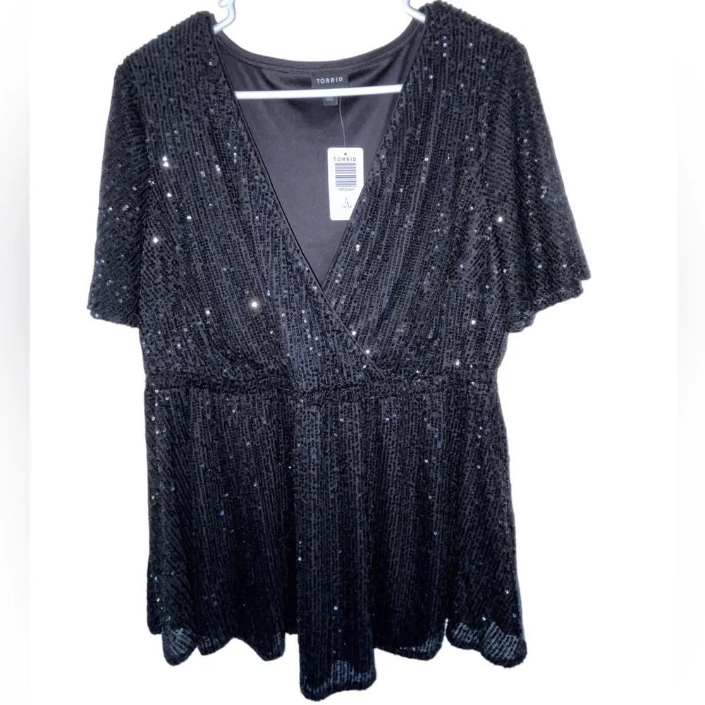 Torrid Lily Babydoll Sequin Surplice Blouse Black Peplum Size 1x Sparkly Party